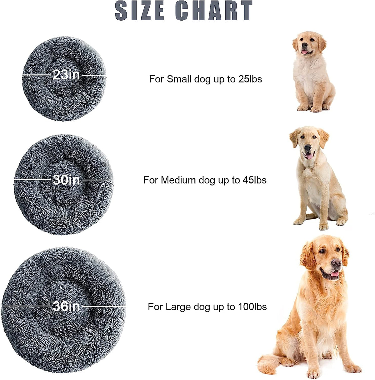 Calming Dog Bed Cat Bed, Washable Round Bed - 23/30/36